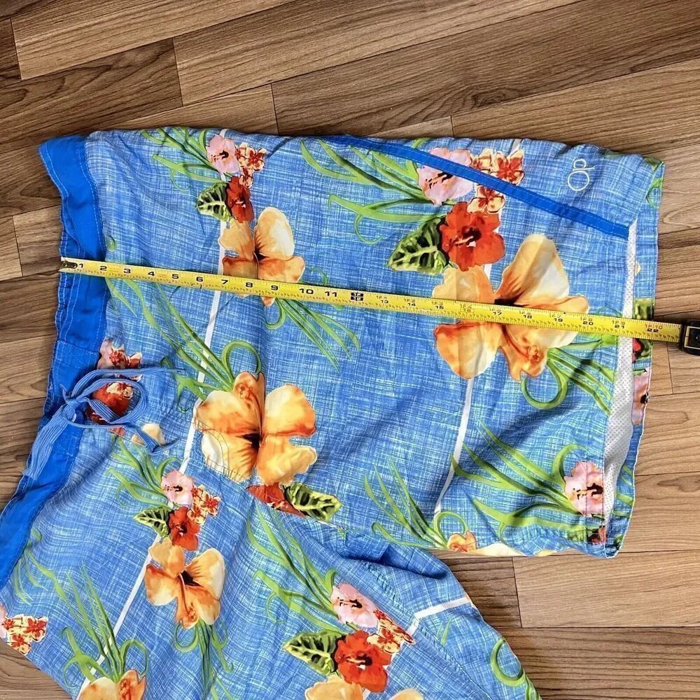 OP Sz 2XL Swim Trunks Board Shorts Mens Drawstring Blue Hawaiian Floral 0841